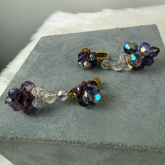 Vintage Vendome Purple & Clear Glass Bead Dangle & Drop Screw/Clip Earrings Gold - Picture 14 of 16
